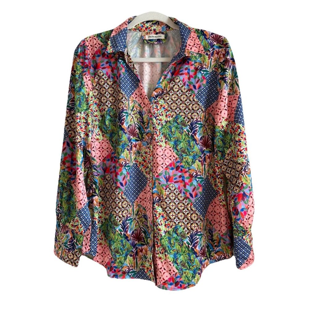 Paparazzi‎ Mesh Print Rouched Button Up Front Patchwork Blouse Top Womens Size M